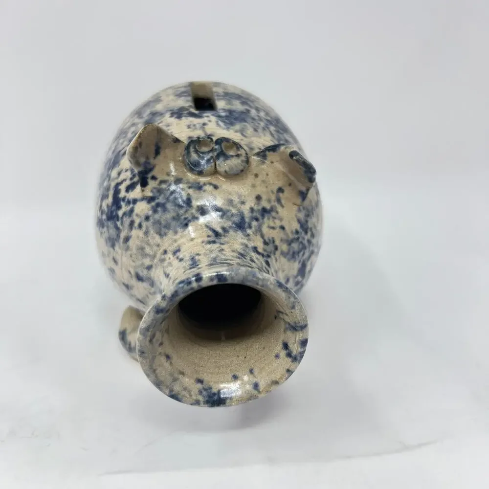 Vintage 80s Blue Spongeware Piggy Bank Stoneware Handmade Studio Pottery Pig